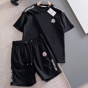 Moncler White Embroidered LOGO On Shoulder Black T-Shirt And Short Sets In Cotto